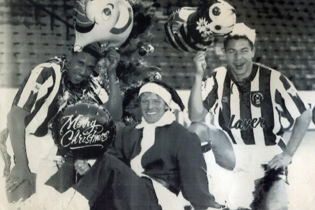 United's Christmas party in 1992 . . . which took place in the summer before the start of the season in a bid by manager Dave Bassett, pictured with Brian Deane and Brian Gayle, to inspire his side to replicate their post-Christmas form of the previous two seasons.