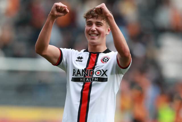 Oliver Arblaster celebrates victory at Hull City on his league debut for his boyhood club Sheffield United: Simon Bellis / Sportimage