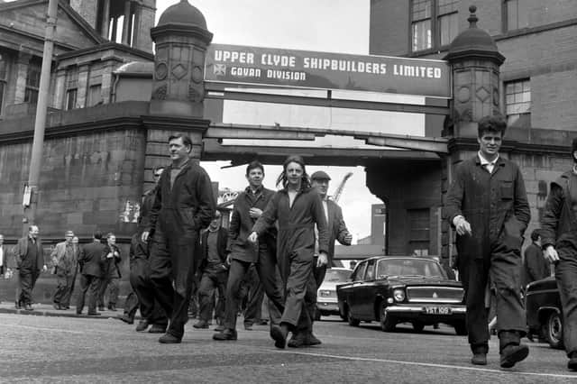 Shipyard workers outside the gates of the Govan division of the Upper Clyde Shipbuilders in June 1971.
