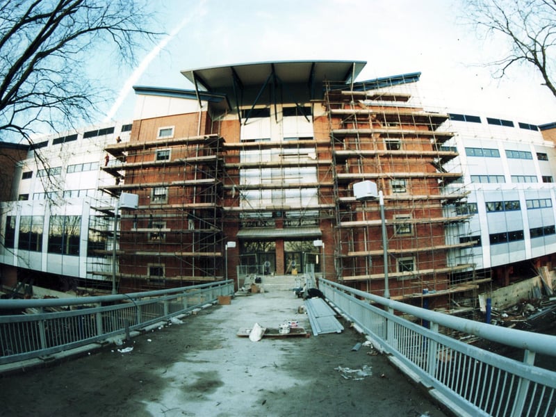 A view from Catch Bar Lane to the rear of the South Stand with the new bridge over the river in January 1996