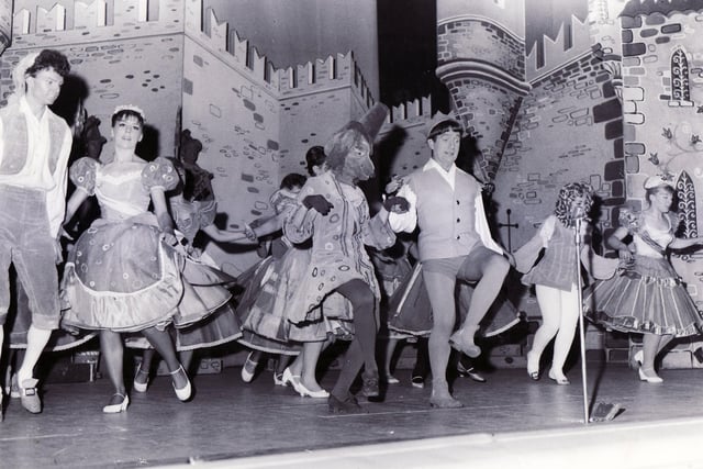 Wyn Calvin on centre stage with chorus during a pantomime rehearsal of Humpty Dumpty at the Lyceum Theatre in December 1964.