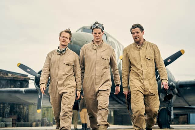Alfie Allen as Jock Lewes, Connor Swindells as David Stirling, and Jack O'Connell as Paddy Mayne, in SAS: Rogue Heroes, the new drama series from Peaky Blinders creator Steven Knight. Photo by Kudos/BBC/PA Wire.