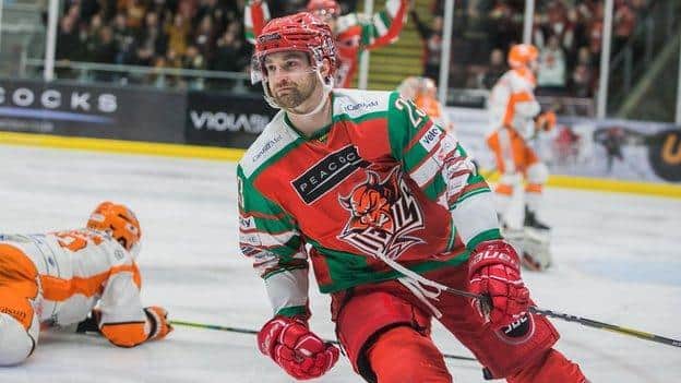 Evan Mosey scores against Sheffield for Cardiff. Pic courtesy Cardiff Devils.