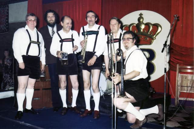 Brian Slater, second from left, was compere at the Hofbrauhaus on Eyre Street for many of the years it was open, and also played a variety of instruments in the Oompah Band between 1973 and 1982. From left, Alan Carr, Brian Slater, Unknown, Ray Hollingsworth, Arthur Atkinson and Eric Sinclair