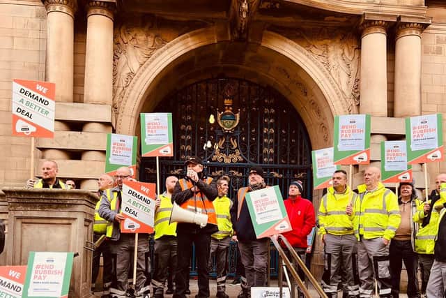 Bin workers protesting in front of Sheffield Town Hall on Monday