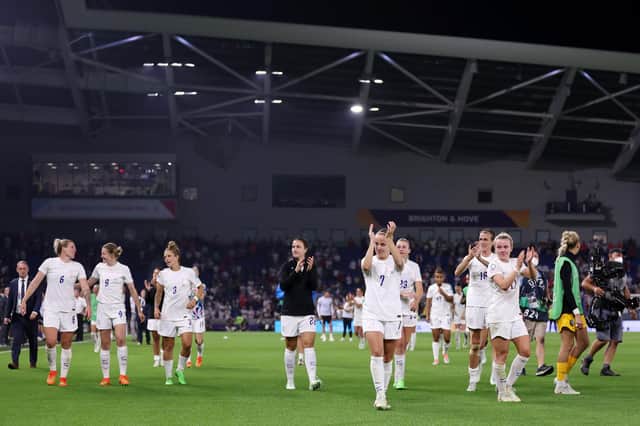 BRIGHTON, ENGLAND - JULY 20: England celebrate with the fans following their victory during the UEFA Women's Euro England 2022 Quarter Final match between England and Spain at Brighton & Hove Community Stadium on July 20, 2022 in Brighton, England. (Photo by Naomi Baker/Getty Images)