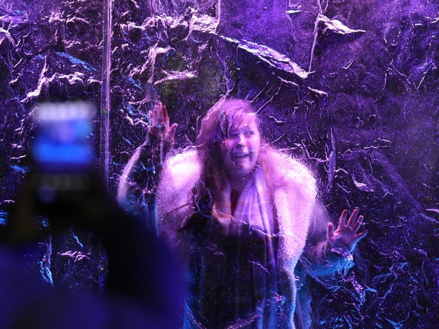 Members of the public have their picture taken behind an installation at the launch of Edinburgh Zoo's Christmas Nights.