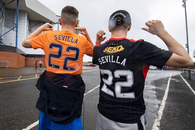 Two young fans wear ‘Sevilla 22’ tops at Ibrox as Rangers prepare to face Eintracht Frankfurt