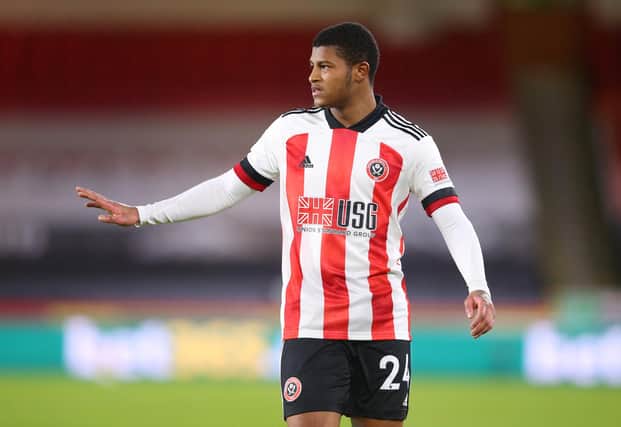 SHEFFIELD, ENGLAND - DECEMBER 26: Rhian Brewster of Sheffield United reacts during the Premier League match between Sheffield United and Everton at Bramall Lane on December 26, 2020 in Sheffield, England. The match will be played without fans, behind closed doors as a Covid-19 precaution. (Photo by Alex Livesey/Getty Images)
