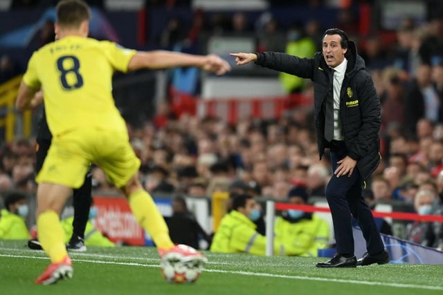 Unai Emery, Head Coach of Villarreal CF reacts during the UEFA Champions League group F match between Manchester United and Villarreal CF at Old Trafford on September 29, 2021 in Manchester, England.