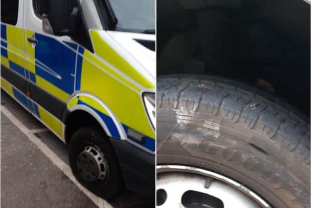 A tyre on a police van was deliberately slashed on the Jordanthorpe estate, Sheffield, last night