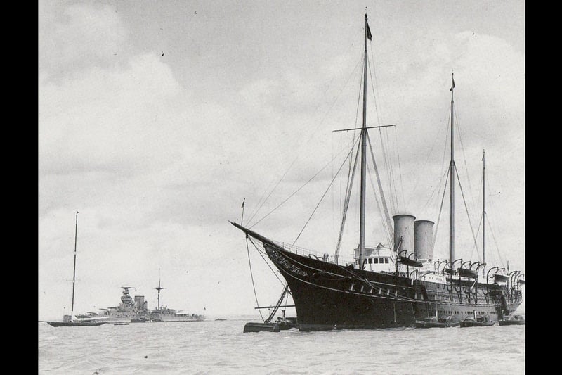The royal yacht Victoria and Albert at the start of the jubilee fleet review at Spithead in July 1935.