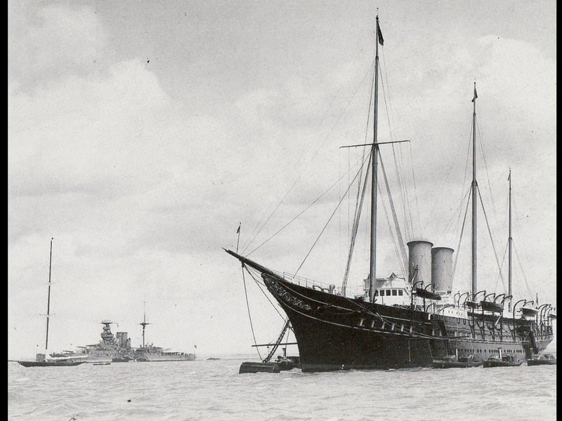 The royal yacht Victoria and Albert at the start of the jubilee fleet review at Spithead in July 1935.