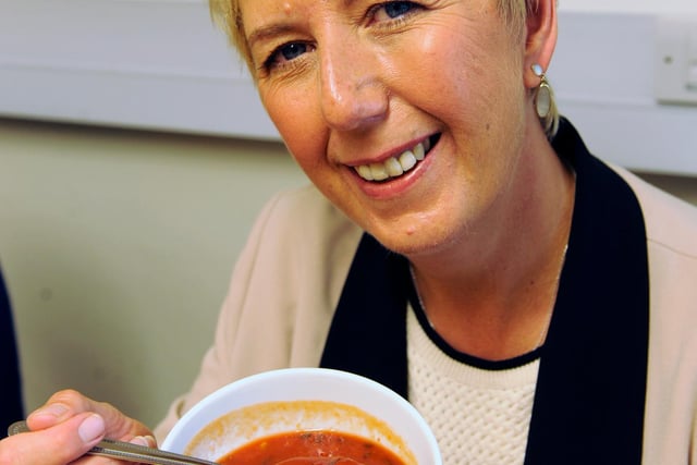 Pictured is Angela Smith MP, tucking into a bowl of soup, as she went vegan for a day in 2013