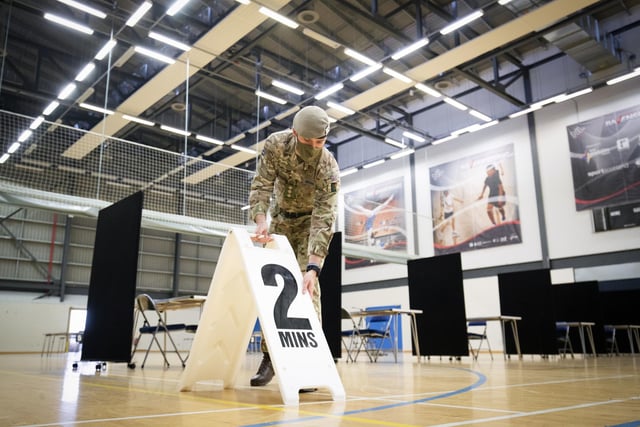 Members of the Royal Scots Dragoon Guard carry out a reconnaissance before setting up a Covidâ€“19 vaccination centre at the Ravenscraig Regional Sports Facility in Motherwell