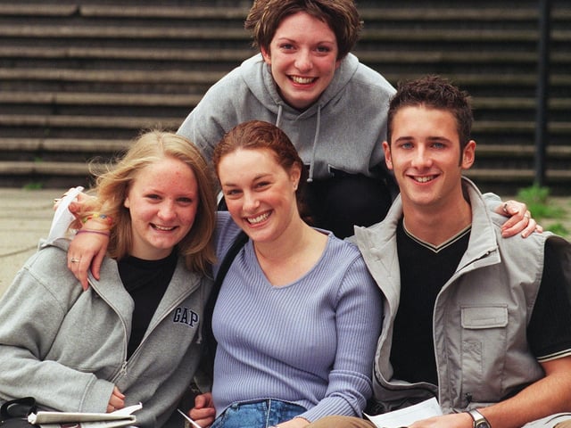 Tapton School pupils Nancy Purdey, Laura Biggin, Rebecca Heller and Phil Gosney celebrating after all getting the results they needed in their A levels in 1999