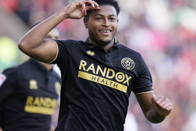 Rhian Brewster celebrates his first goal of the season for Sheffield United: Andrew Yates / Sportimage