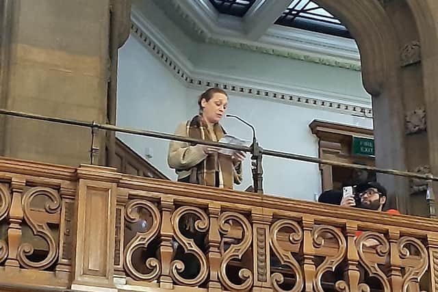 Housing campaigners from the ACORN community union speaking out against the use of bailiffs to collect council tax debts at a meeting of Sheffield City Council on November 5, 2025