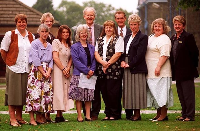 Macmillan nurses received awards at Lodge Moor Hospital on September 3, 1996.  From left, award winners, Chris Storr, Gillian Sturrock, Jane Nicholas, Marie Rippon, Elizabeth Driffield, Adrienne Cox, Wendy Wallace, Sylvia Beattie and Maddie Wetton. Rear are Dr Paul Snell, Director of Public Health who made the awards and Keith Dainty, Chief National Health Inspector