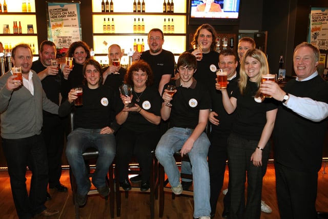the entire Brewteamteam, including the two groups of staff and students involved, enjoying the new beers at the launch in 2007