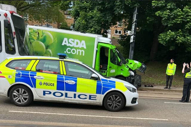 This was the scene on Langsett Road, Sheffield, this morning as an Asda delivery van collided with a tram.