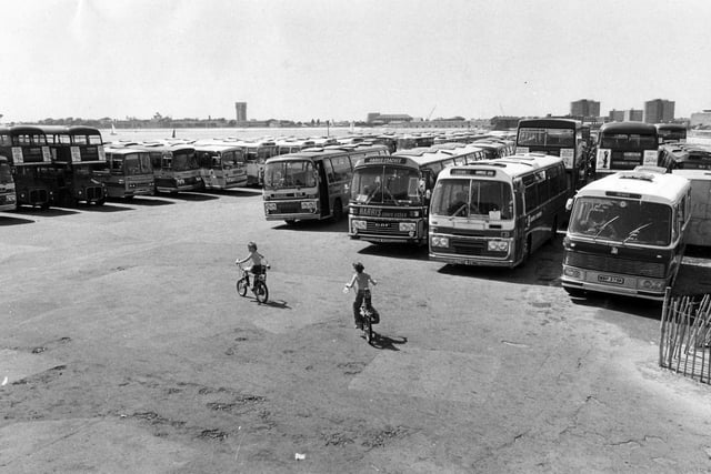 Buses and coaches parked in Southsea Common in June 1978