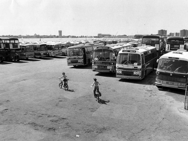 Buses and coaches parked in Southsea Common in June 1978