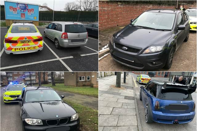 Vehicles seized by South Yorkshire Police. Clockwise, from top left: A car that was seized in Doncaster, a Ford which was abandoned in Sheffield after a pursuit, a Mini that was stopped for illegal tints and a car that was stopped in Sheffield and found to have no insurance. (Photos: SYOps).