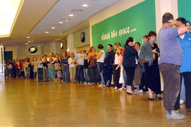 The queue outside WHSmith in Meadowhall to get a copy of Harry Potter and the Half Blood Prince. Dated July 16, 2005
