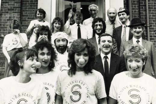 Staff from the World Student Games office in Sheffield show off their red noses in 1989.