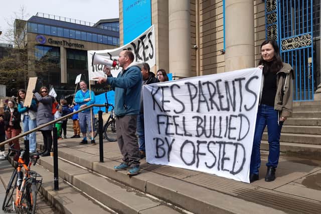 Parents at Sheffield's King Edward VII School at a protest against it becoming an academy. They have written to the Education Secretary Gillian Keegan demanding the academy order be revoked after its Ofsted rating was upgraded from 'inadequate' to 'good'.
