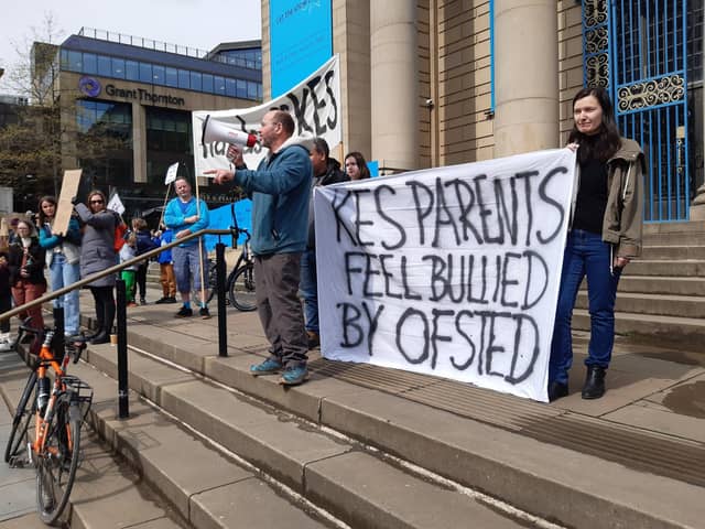 Parents at Sheffield's King Edward VII School at a protest against it becoming an academy. They have written to the Education Secretary Gillian Keegan demanding the academy order be revoked after its Ofsted rating was upgraded from 'inadequate' to 'good'.
