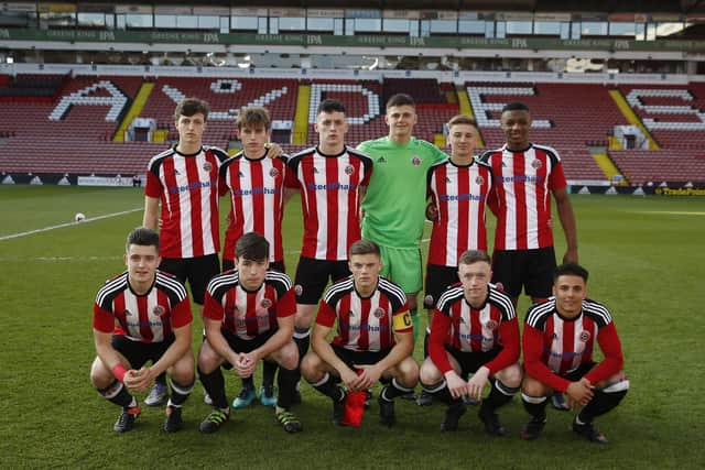 Back row from left: Horatio Hirst, Rhys Norrington-Davies, David Parkhouse, Hugo Warhurst, Harvey Gilmour and Sam Graham. Front row from left: Thomas Charlesworth, George Cantrell, Regan Slater, Jordan Hallam and Tyler Smith during the Professional Development League play-off final match at Bramall Lane: Simon Bellis/Sportimage
