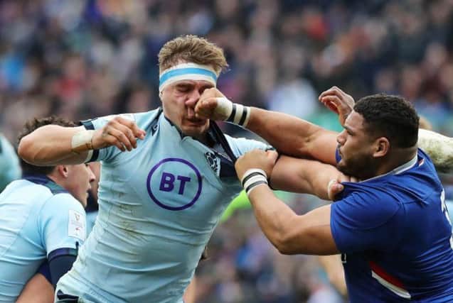 EDINBURGH, SCOTLAND - MARCH 08: Mohammed Haouas of France punches Jamie Ritchie of Scotland and is later sent off after being shown a red card during the 2020 Guinness Six Nations match between Scotland and France at Murrayfield on March 08, 2020 in Edinburgh, Scotland. (Photo by David Rogers/Getty Images)