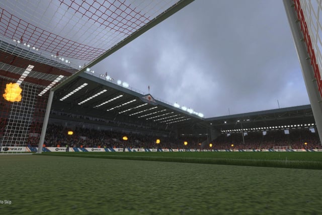 An alternative view of Bramall Lane in Fifa 23, from the back of the net at the Bramall Lane end showing the John Street stand