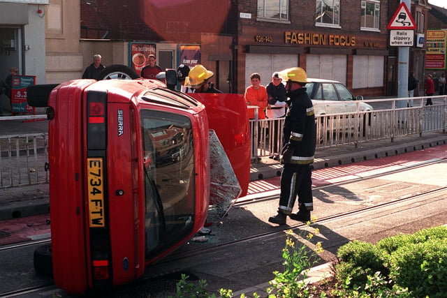 Scene of the accident on City Road, Sheffield after a car skidded on Supertram rails in 1997