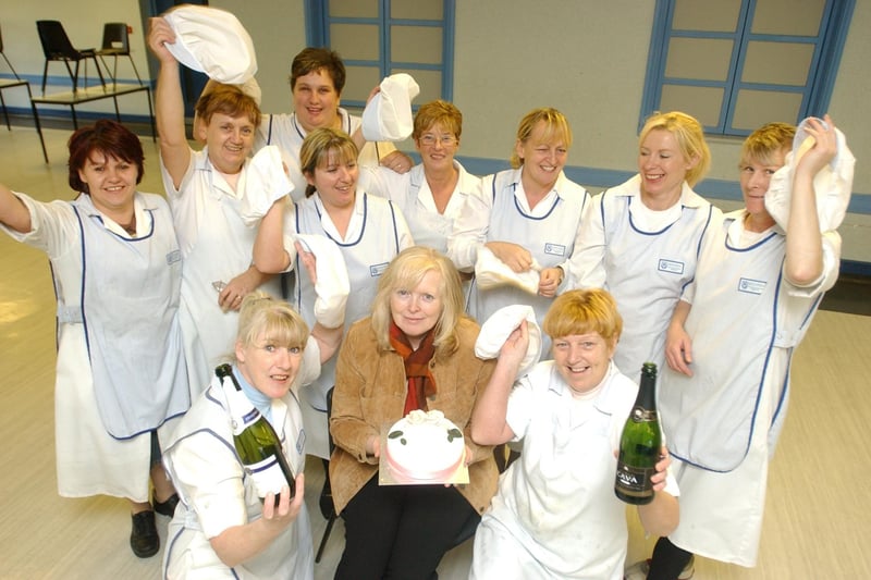 Dinner lady Margaret McDermott who retired in 2005 and here she is with her colleagues - but at which school?