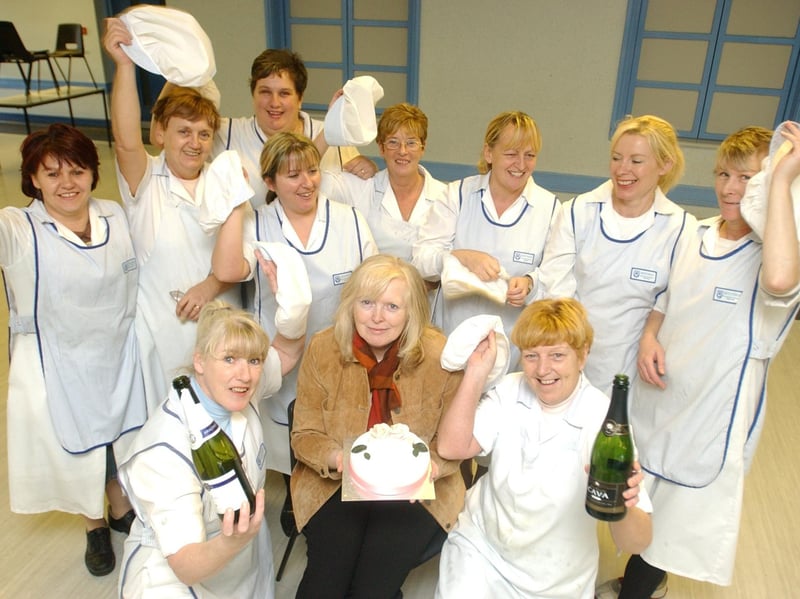 Dinner lady Margaret McDermott who retired in 2005 and here she is with her colleagues.