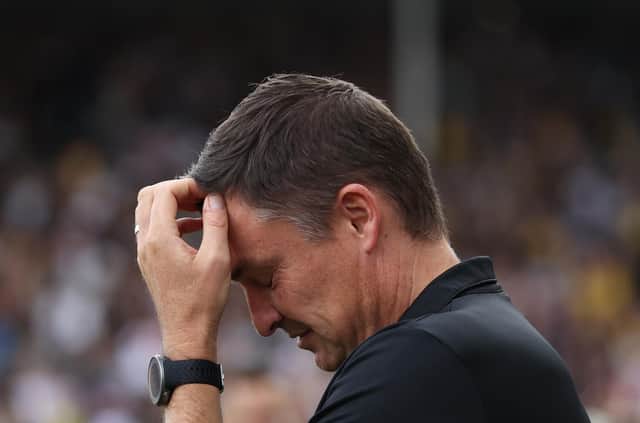 LONDON, ENGLAND - OCTOBER 07: Paul Heckingbottom, Manager of Sheffield United, reacts during the Premier League match between Fulham FC and Sheffield United at Craven Cottage on October 07, 2023 in London, England. (Photo by Ryan Pierse/Getty Images) FILE: Sheffield United sack Paul Heckingbottom.