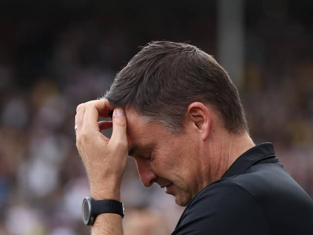 LONDON, ENGLAND - OCTOBER 07: Paul Heckingbottom, Manager of Sheffield United, reacts during the Premier League match between Fulham FC and Sheffield United at Craven Cottage on October 07, 2023 in London, England. (Photo by Ryan Pierse/Getty Images) FILE: Sheffield United sack Paul Heckingbottom.