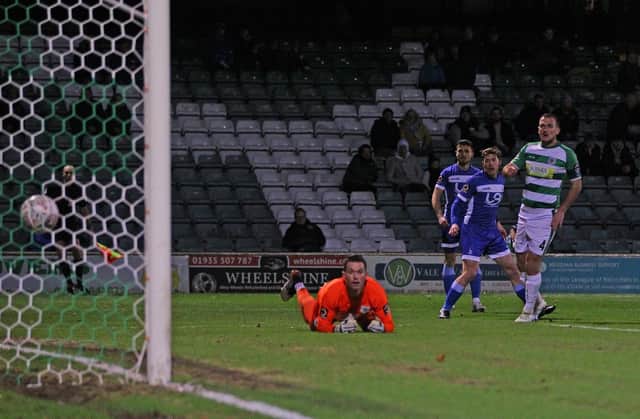 Luke James watches his effort find the bottom corner to make it 1-1 during the FA Cup match between Yeovil Town and Hartlepool United at Huish Park, Yeovil on Tuesday 12th November 2019. (Credit: Gareth Williams)