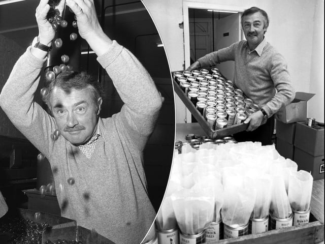 Bill Smith of Hill's Hawick Balls factory with a batch and tins of the boiled sweets, June 1981.