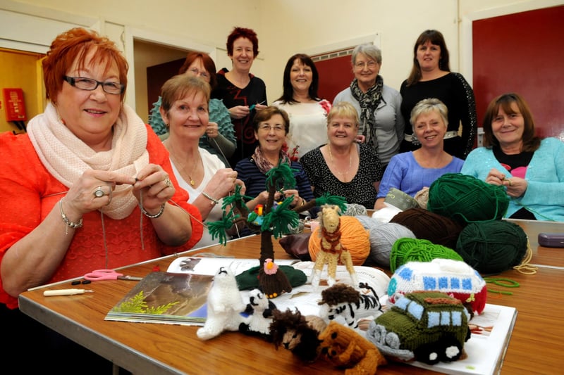 Members of the WEA Craft group at Talbot Road Methodist Church with with their knitted safari project. Who remembers this from 2015?