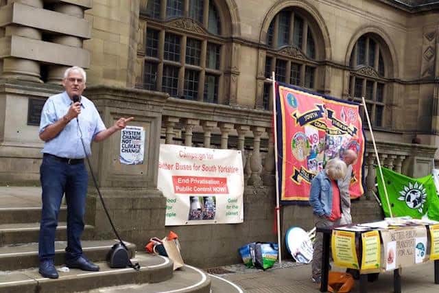 Martin Mayer at an event campaigning for steps towards bringing Sheffield buses back under public ownership.