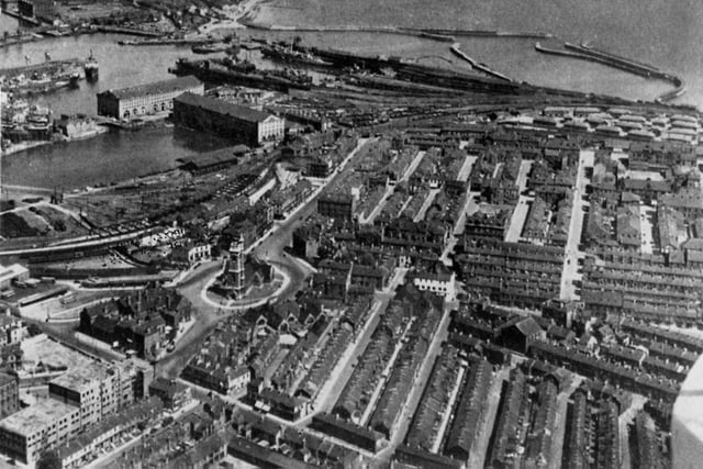 An aerial view of the Church Street area with the original shopping area around Lynn Street in view as well as the Hartlepool docks. Photo: Hartlepool Library Service.
