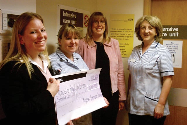 Left to right Repton School pupil Sarah Fearns, Sister Debra Eyre, Dr Judith Fearns (Sarah's mum and the former patient) and Gill Mason, Clinical Nurse Specialist at the Intensive Care Unit of the Doncaster Royal Infirmary with a cheque for the hospital in 2005