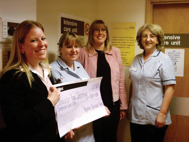 Left to right Repton School pupil Sarah Fearns, Sister Debra Eyre, Dr Judith Fearns (Sarah's mum and the former patient) and Gill Mason, Clinical Nurse Specialist at the Intensive Care Unit of the Doncaster Royal Infirmary with a cheque for the hospital in 2005