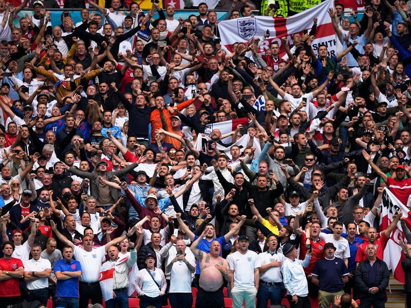 England fans cheer before the Euro 2020 round of 16 football matches between England and Germany at Wembley Stadium in London on June 29 (AFP via Getty Images)