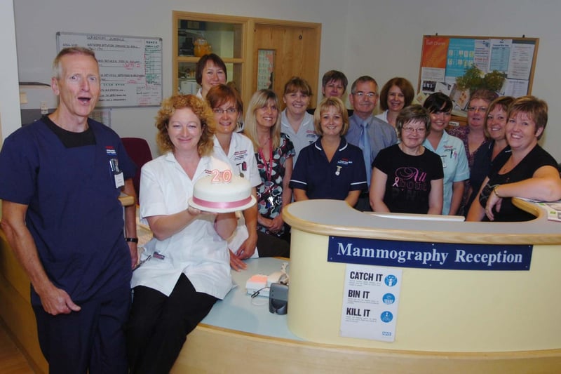 Staff  members celebrate the 20th anniversary of Chesterfield Royal Hospital's breast cancer screening department in 2010.