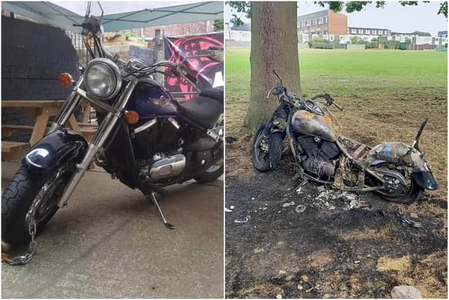 A motorbike was found burned and destroyed in a Batemoor park after it was stolen from outside a Dronfield home.